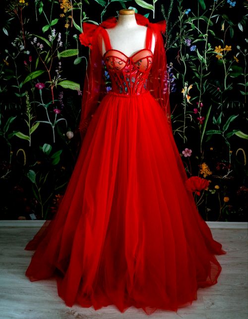 Red Prom Dress Tulle Evening Gowns S2119