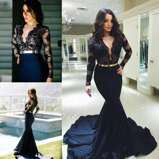 Sexy Sheer Deep V Neck Mermaid Prom Dresses Lace Applique Royal Evening Dress Sweep Train Party Gowns Prom Dresses S5948