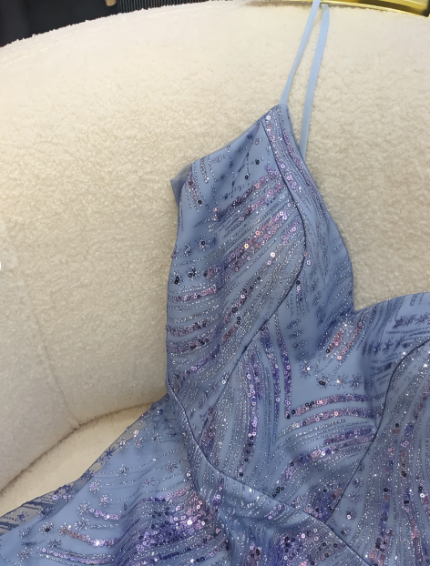 Elegant Dusty Blue Spaghetti Strap V-Neck Sequin Long Prom Dress Evening Dress P4745