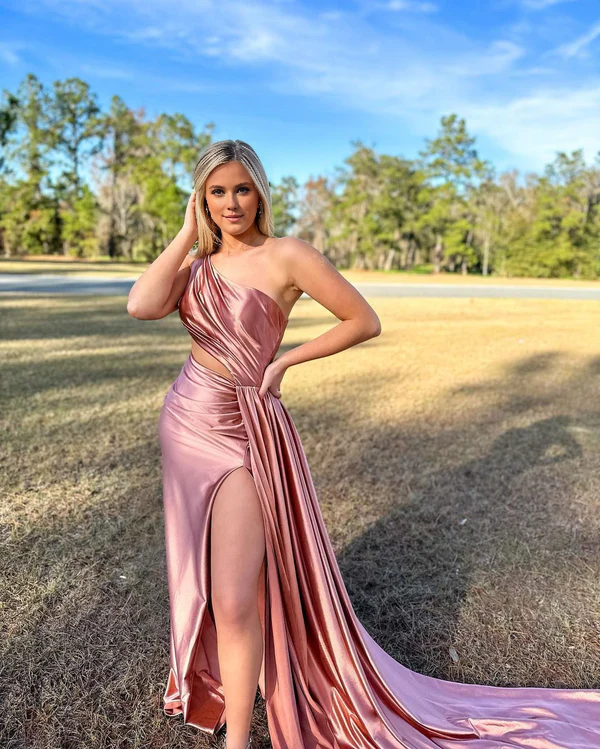 omberprom Mermaid Evening Dress One Shoulder Satin Prom Dresses with Slit Charming