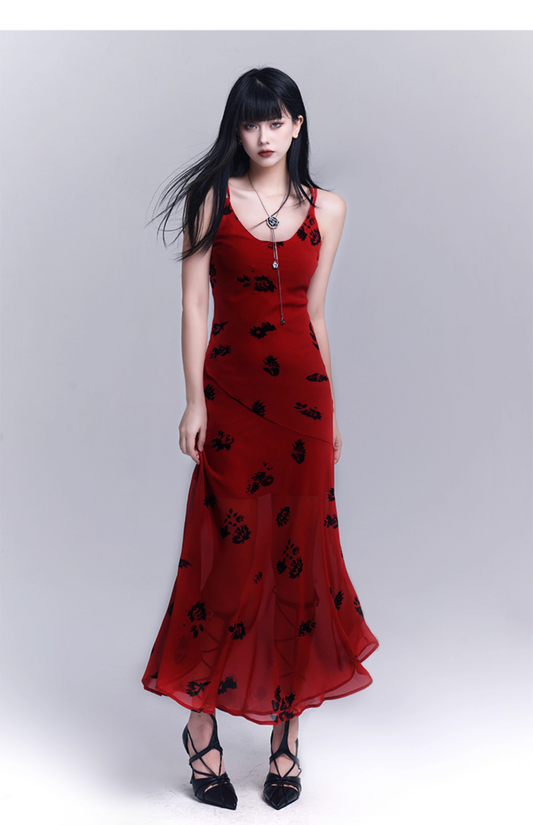 Simple Fashion Floral Pattern Design Spaghetti Strap Dress TP2948
