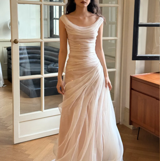 Unique White Off-the-Shoulder Mermaid Layered Ruched Tulle Train Wedding Dress P4752