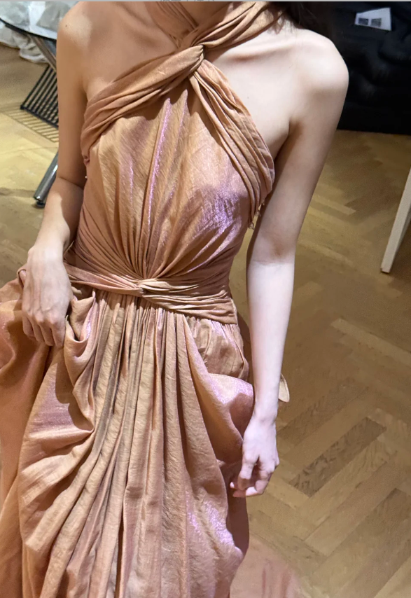 Elegant Champagne Gold Halter Neck Twist Ruched Satin Train Prom Dress Evening Dress P4754