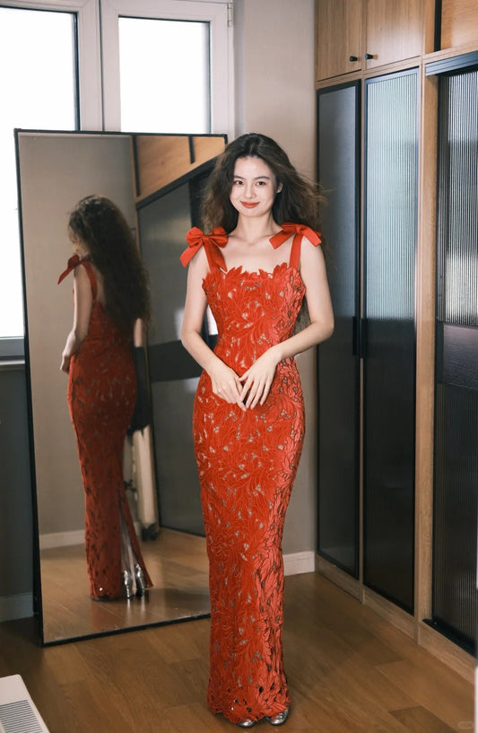 Sweet Red Mermaid Bow Strap 3D Lace Long Prom Dress Birthday Dress P4757