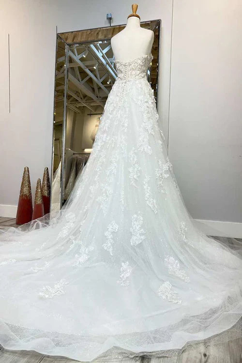 omberprom Elegant A-Line Floral Applique Sweetheart Long Wedding Dress with Sweep Train