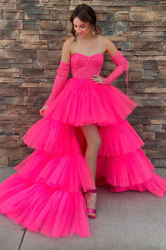 omberprom Elegant A-Line Evening Dress Asymmetrical Strapless Tiered Tulle Prom Dress