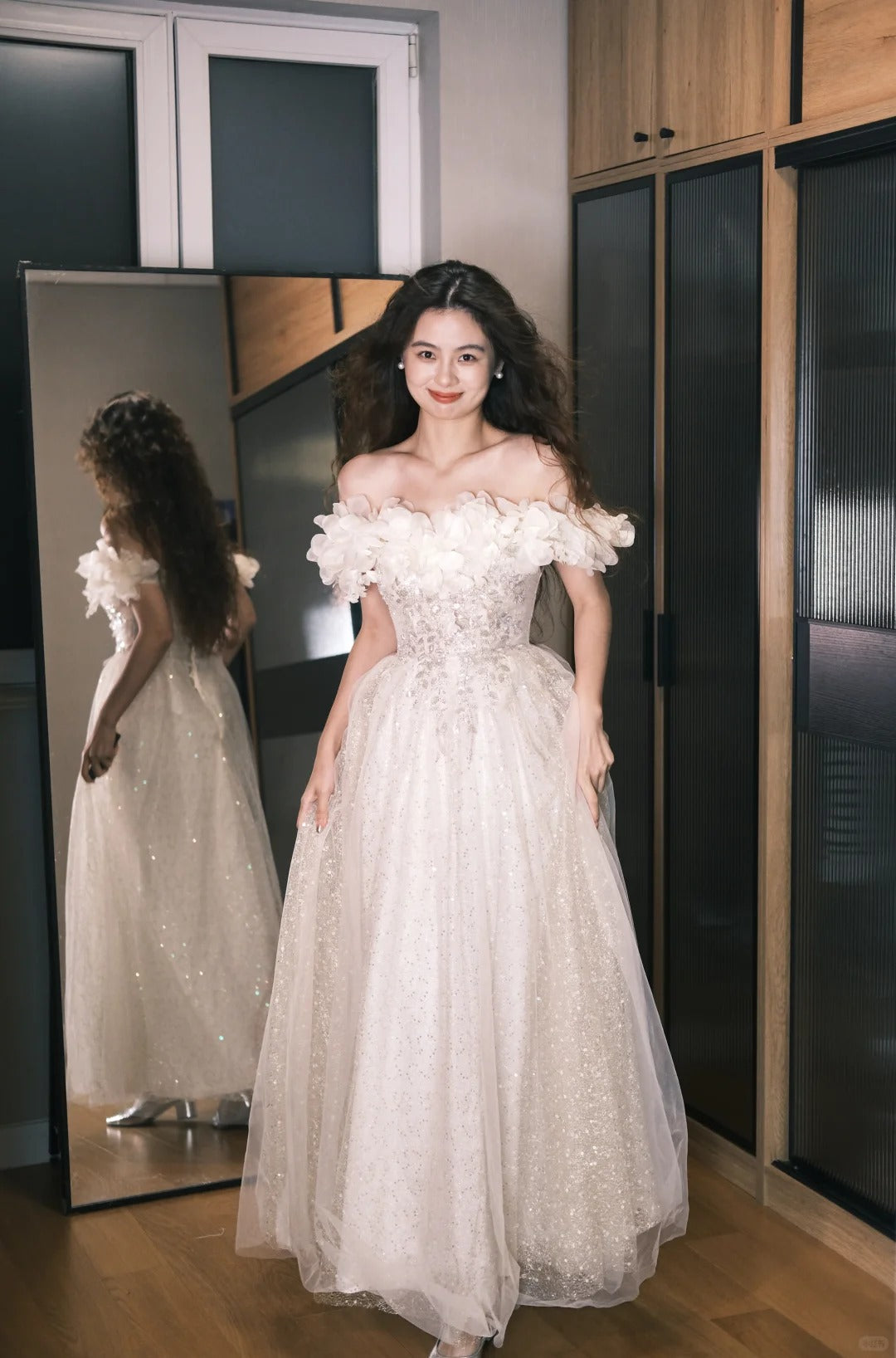 Dreamy Off-White Off-the-Shoulder A-Line 3D Petal Sequin Tulle Long Prom Dress Birthday Dress P4761