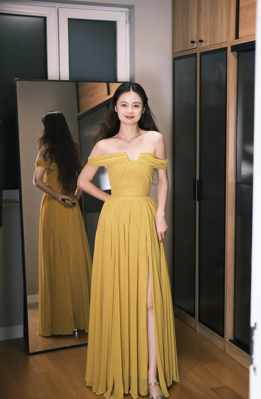 Elegant Ginger Off-the-Shoulder A-Line Chiffon Long Prom Dress Evening Dress P4763