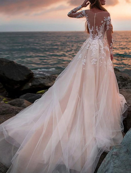omberprom Beach Open Back Wedding Dresses A-Line Illusion Neck Long Sleeve Court Train Lace Bridal Gowns With Appliques