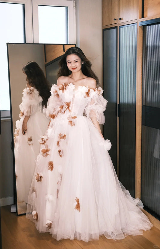 Dreamy White Off-the-Shoulder A-Line 3D Petal Tulle Train Prom Dress Evening Dress P4766