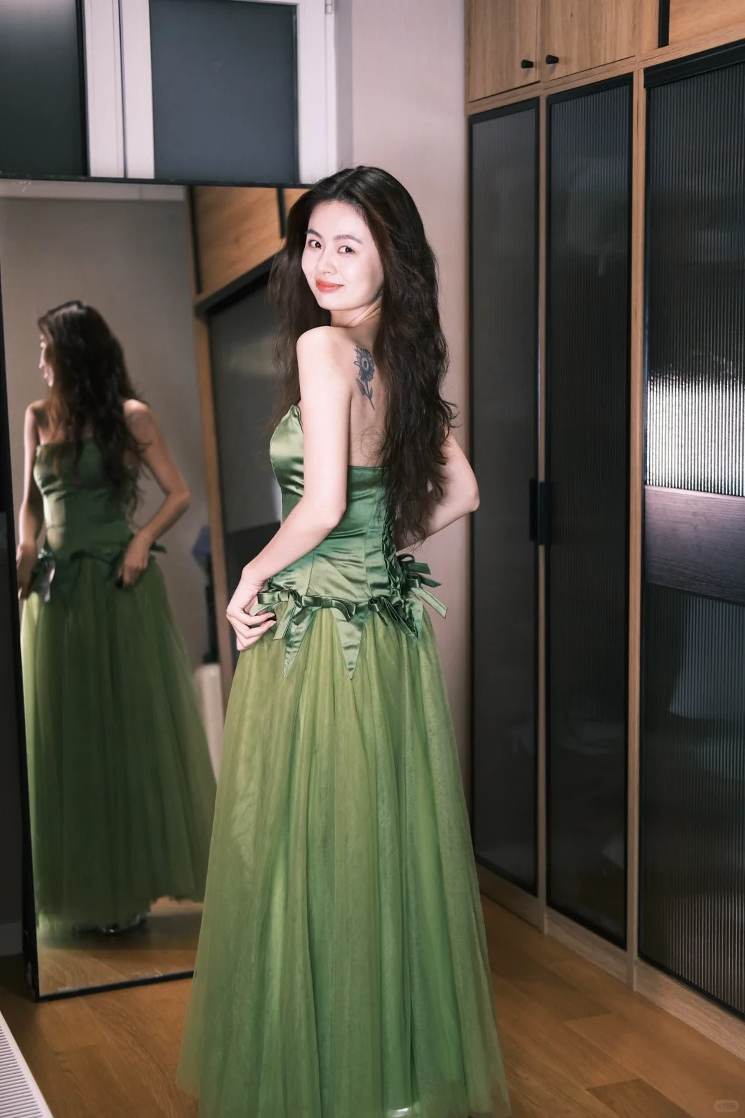 Elegant Matcha Green Strapless A-Line Satin Tulle Patchwork Long Prom Dress Evening Dress P4771
