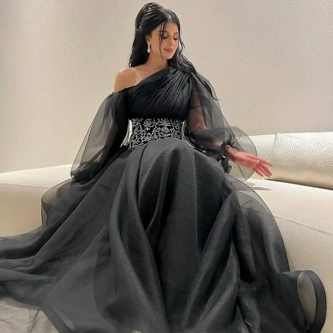 Black Elegant Gowns Evening,Long Sleeve Beaded Waist Formal Dresses