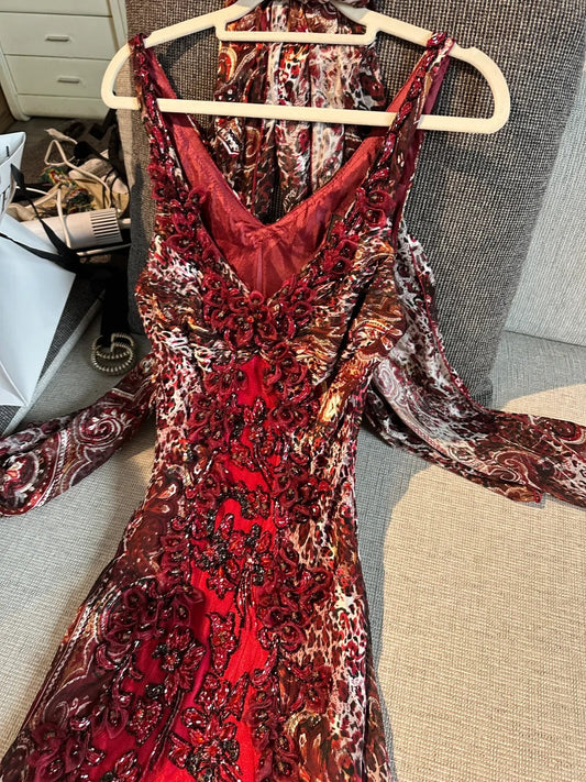 Vintage Red Brown Print Spaghetti Strap Mermaid Chiffon Long Prom Dress Evening Dress P4781