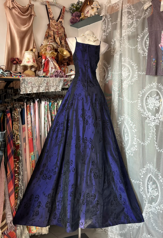 Unique Spaghetti Straps Purple Satin Print Floral Long Party Dress Birthday Dress SP1715