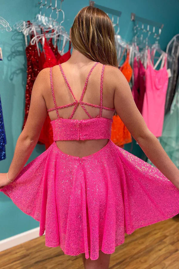 omberprom Fashion A-Line Graduation Dresses Double Straps Sequins Homecoming Dress