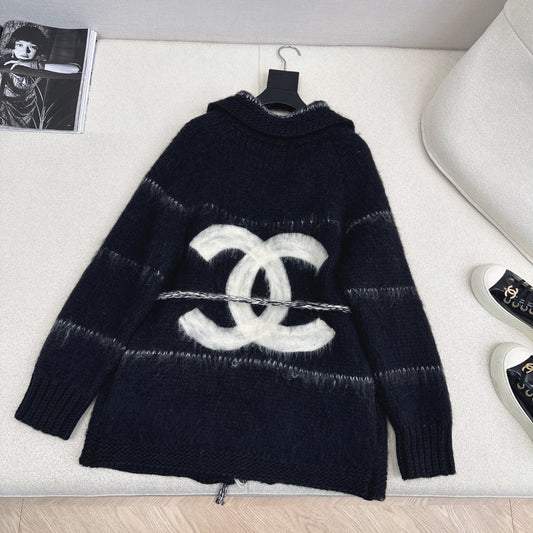 CC Mohair Wool Fluffy Black and White Belt Cardigan