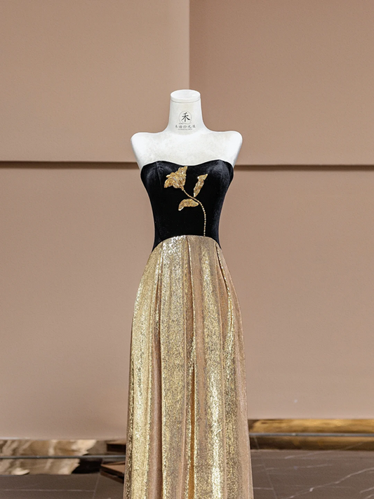 Black strapless, fitted waist, long ball gown with gold trim R8373
