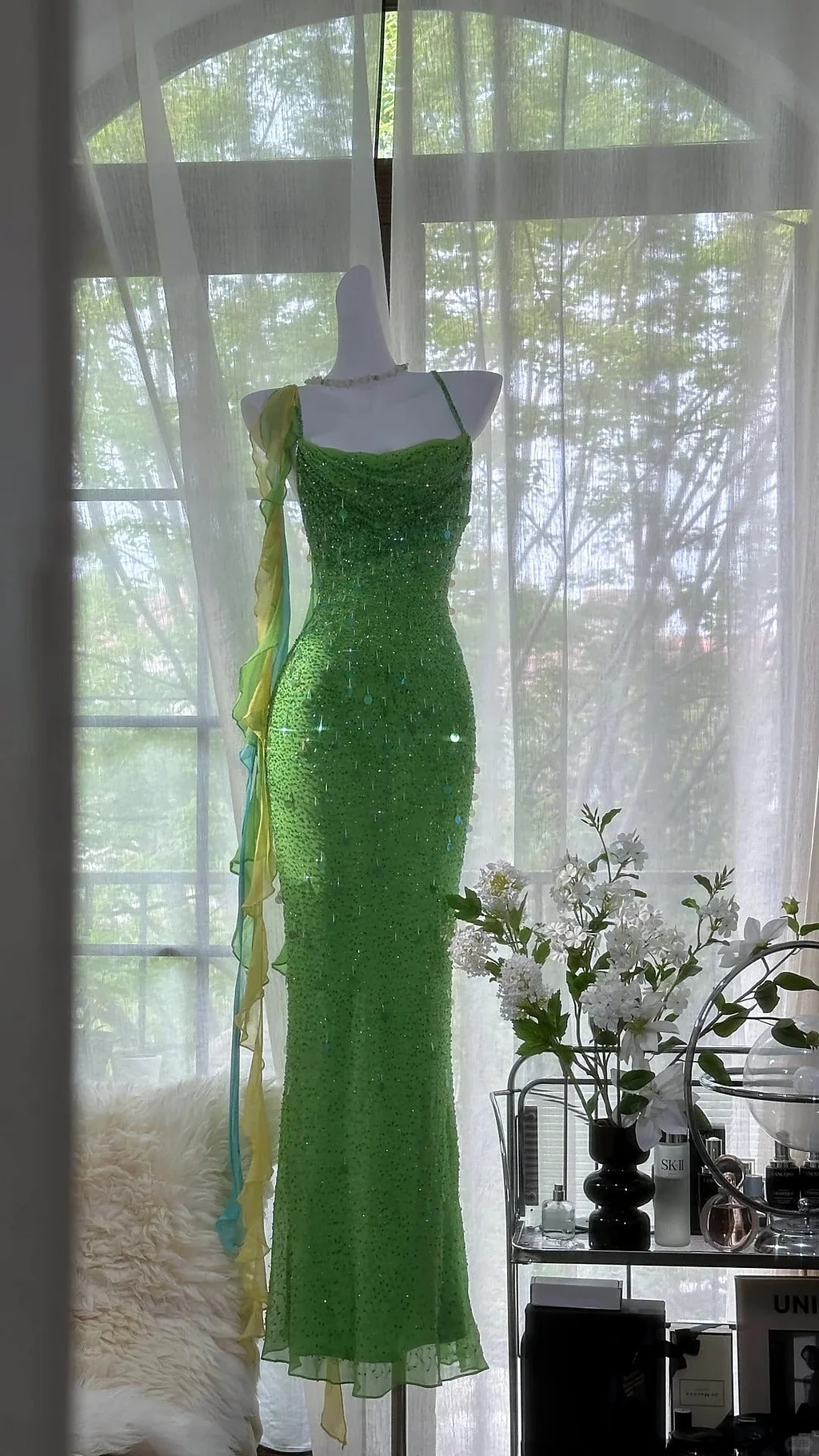 Beautiful Exquisite Sequin Beaded Green Long Chiffon Evening Gown Birthday Party Gown Y9797
