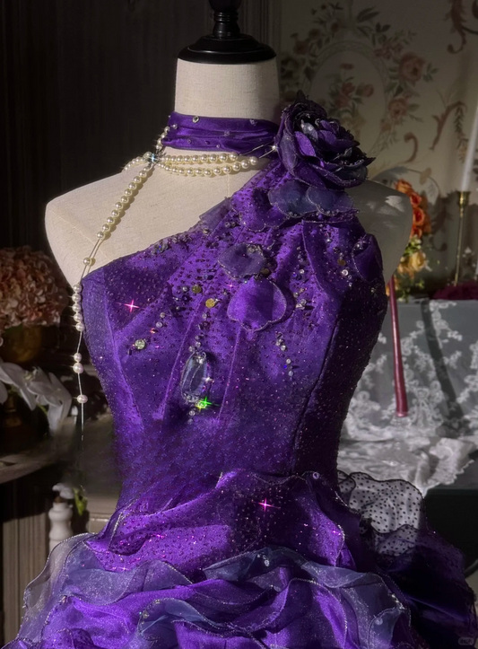 Vintage Purple One-Shoulder Ruffled Ball Gown Glitter Tulle Floral Embellished Formal Dress TP5130