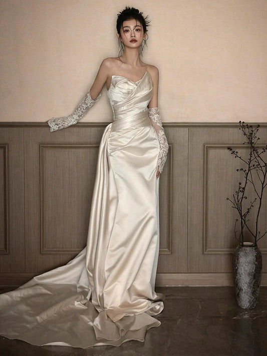 Sexy Lace Strapless Wedding Dresses Long Bridal Gown S7207