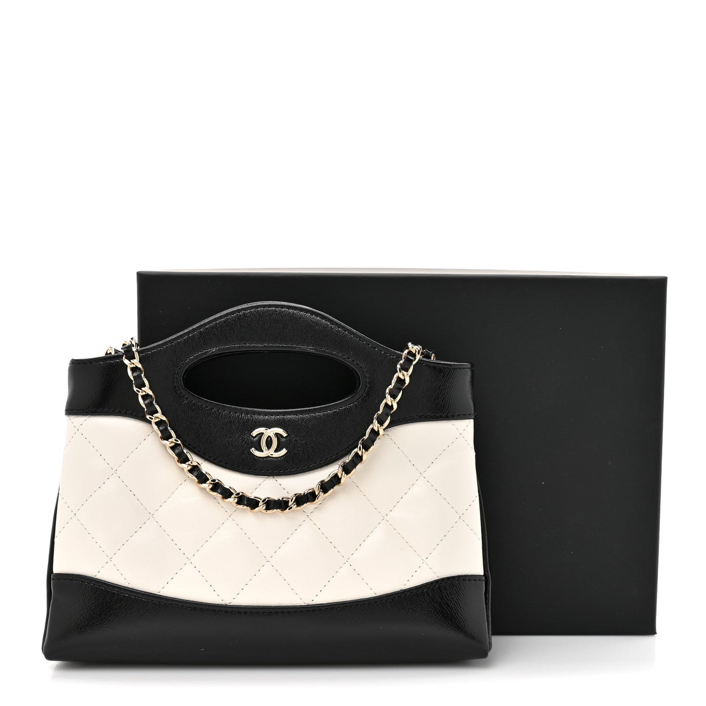 Shiny Crumpled Calfskin Quilted Nano 31 Shopping Bag White Black