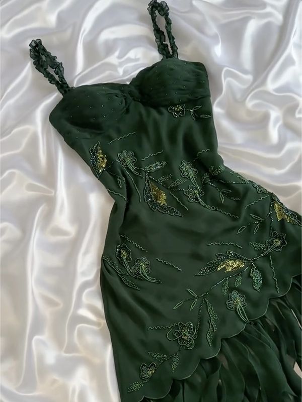 Green forest tie suspenders waist slim irregular skirt long skirt homecoming dress R2787