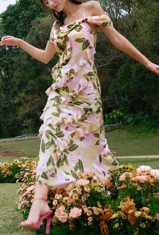 Pink green strapless one shoulder layered skirt gentle long dress homecoming dress R3354
