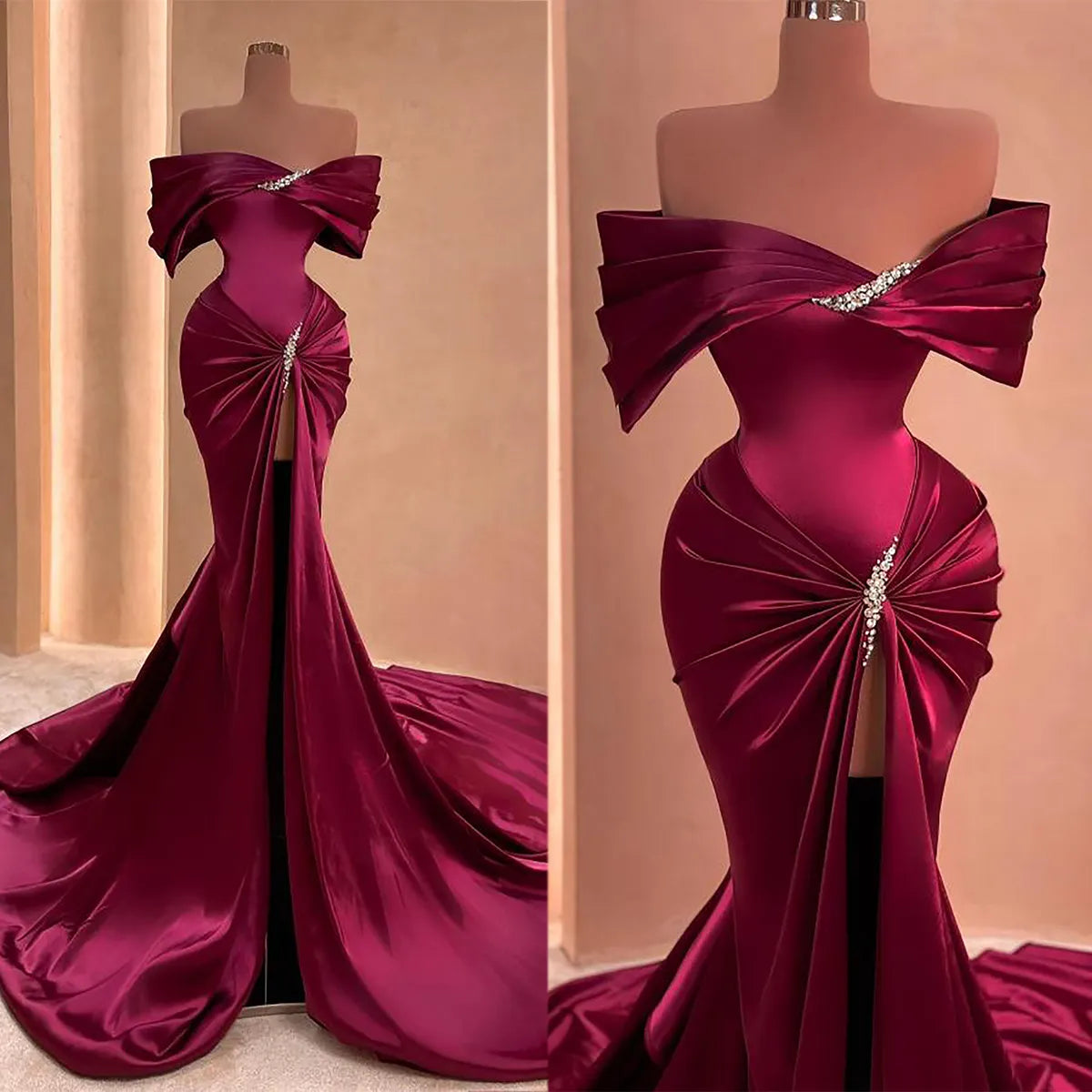 Off-Shoulder Beaded Satin Mermaid Prom Dress with Chapel Train S7066