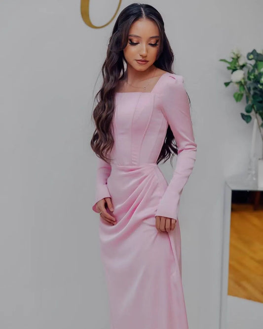 Elegant Pleated Prom Dress with Square Neckline Stunning Pink Long Evening Dresses S7054
