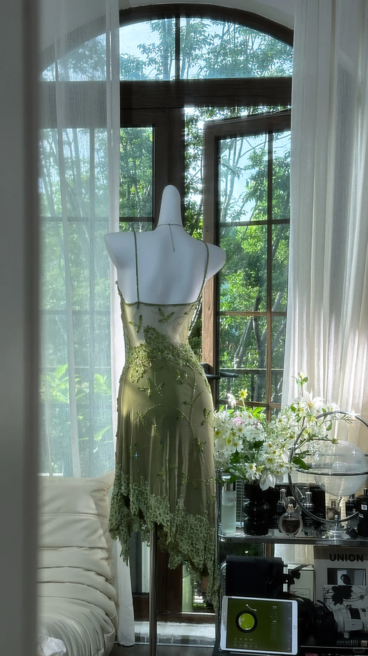 Retro Green Sequin Spaghetti Strap Romantic Sparkling Chiffon Evening Dress Prom Dresses TP3959