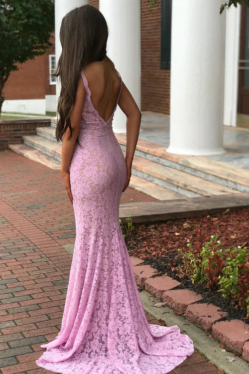 omberprom Elegant Mermaid Evening Dress V-Neck Pink Lace Prom Dress