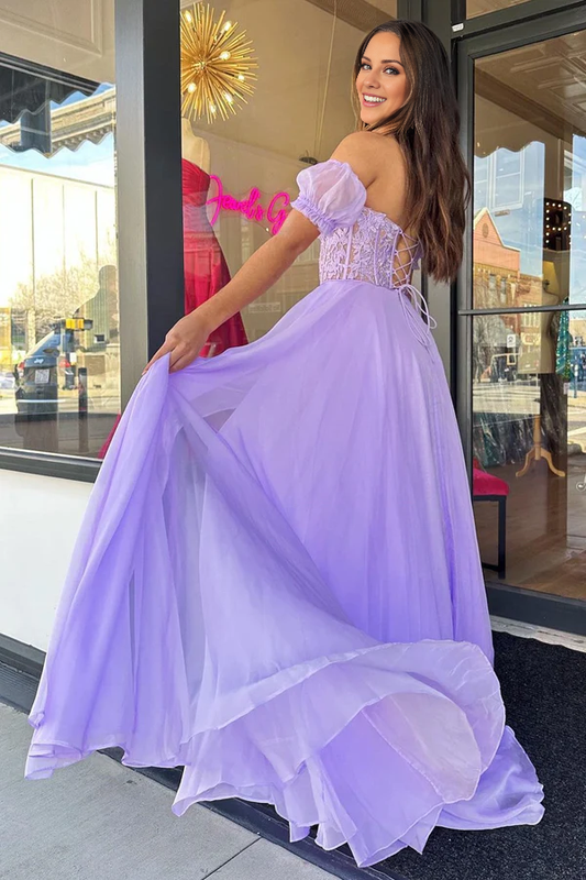 omberprom Elegant A line Sweetheart Chiffon Prom Dress with Puff Sleeves