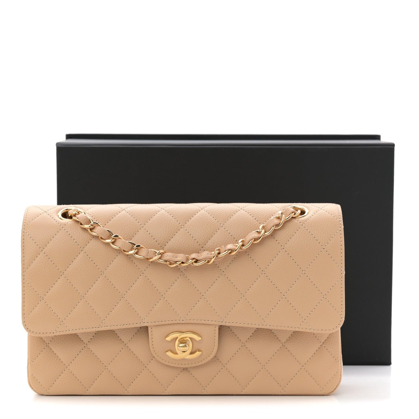 Caviar Quilted Medium Double Flap Beige