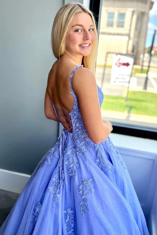 omberprom A-Line Evening Dress Spaghetti Strap Tulle Lace Prom Dress with Pockets