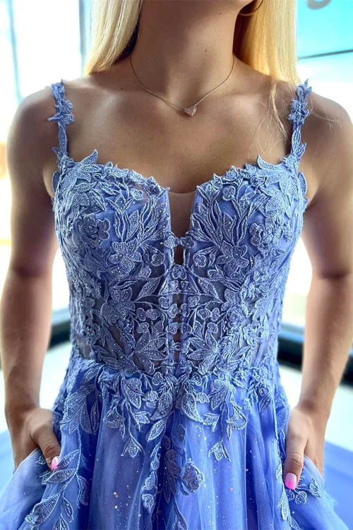 omberprom A-Line Evening Dress Spaghetti Strap Tulle Lace Prom Dress with Pockets