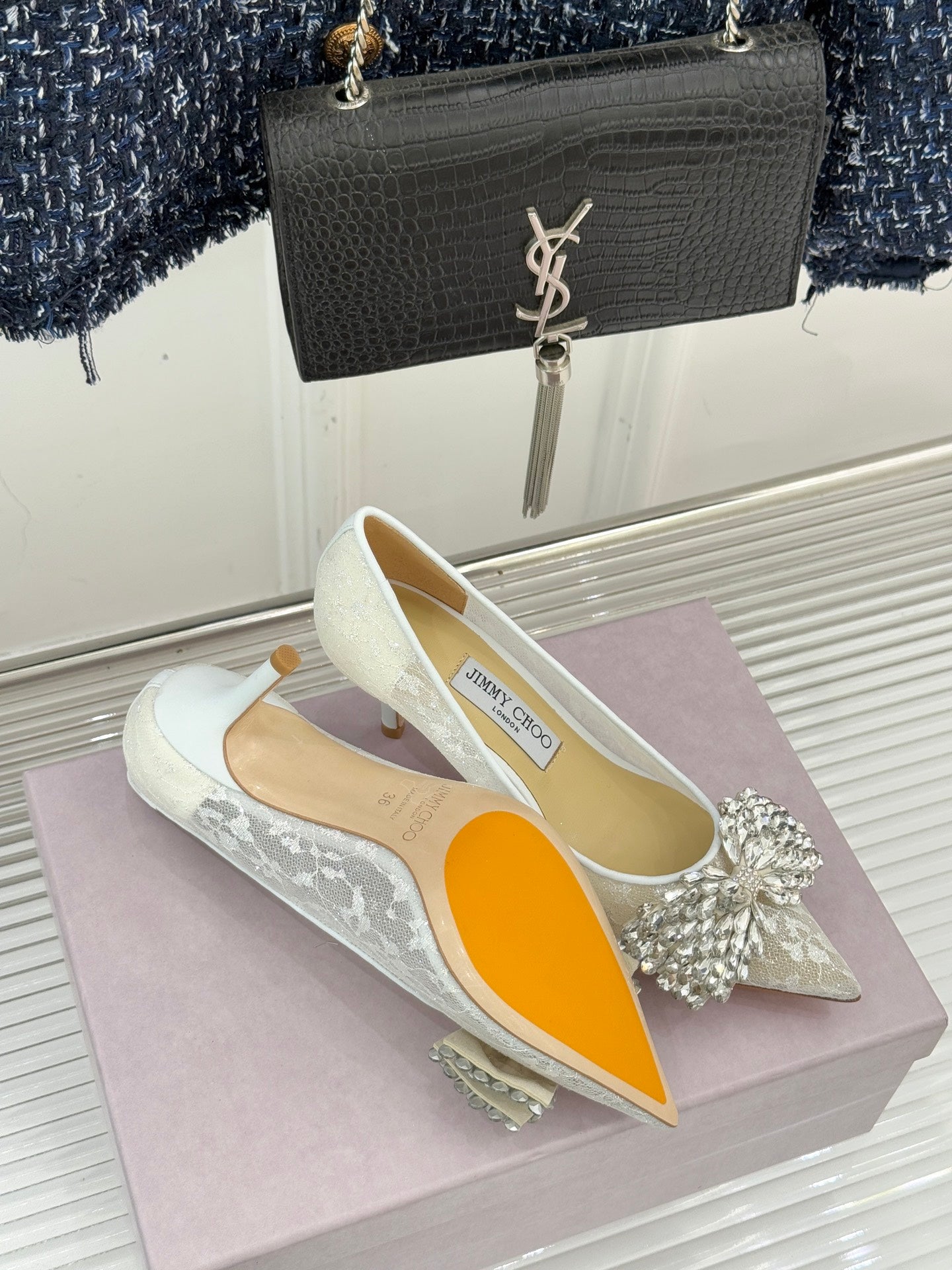 JC25WF Rhinestone Bow Pionted Toe High Heels 65 White Sheepskin 573537