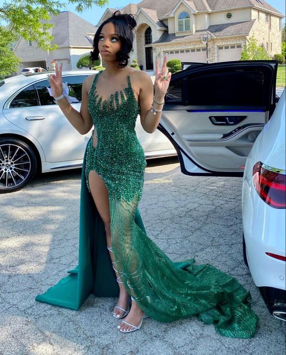 Vintage Green Shiny Beaded Mermaid Prom Dress Party Dress Evening Dress TP4506
