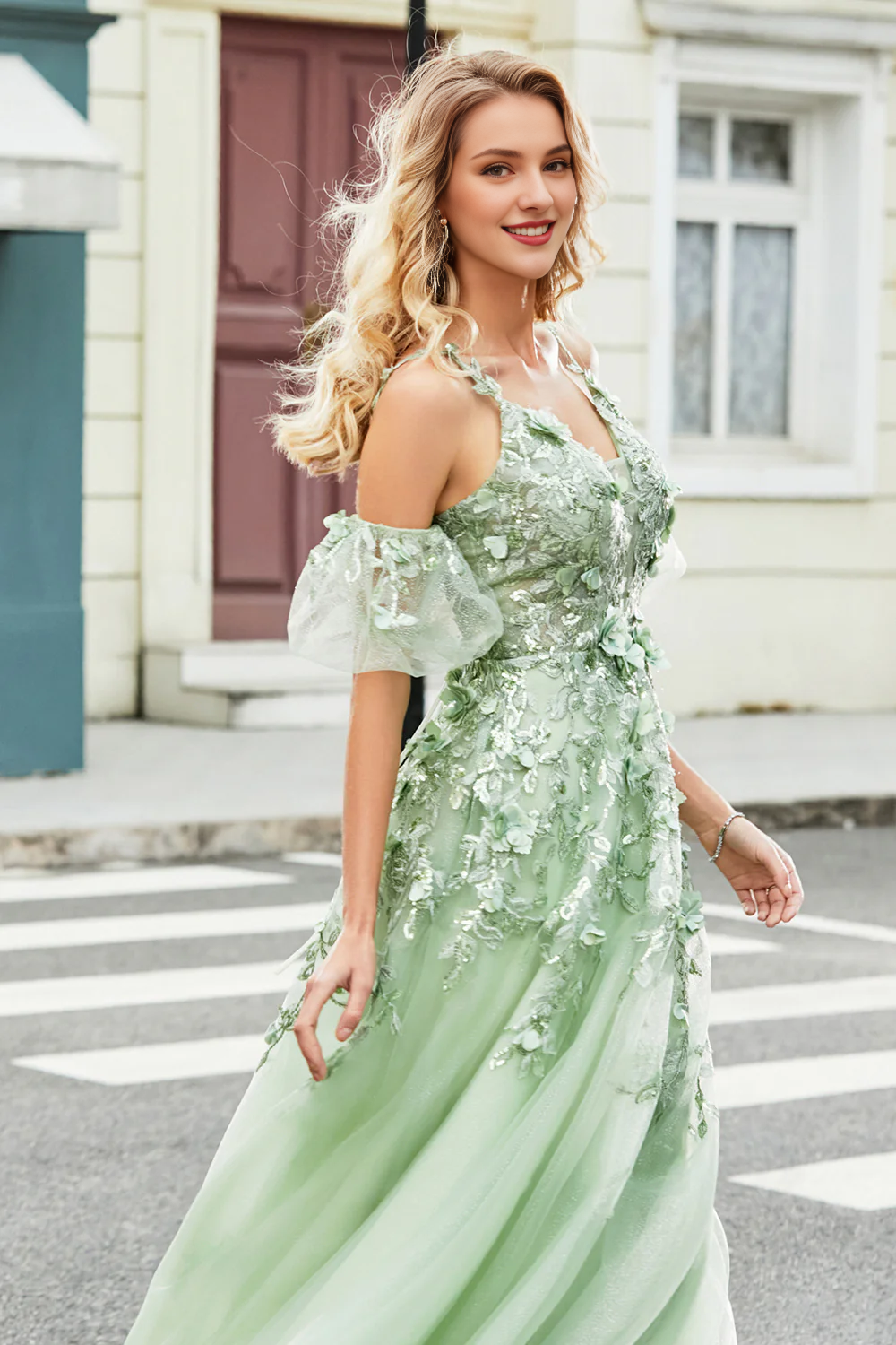 omberprom A-Line Sage Prom Dress Spaghetti Straps Evening Dress Corset Appliqued with Detachable Sleeves