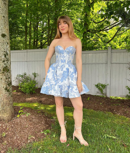 Blue printed tube top waist skirt homecoming dress R3695