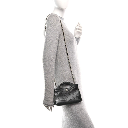 Shiny Crumpled Calfskin Quilted Nano 31 Shopping Bag Black