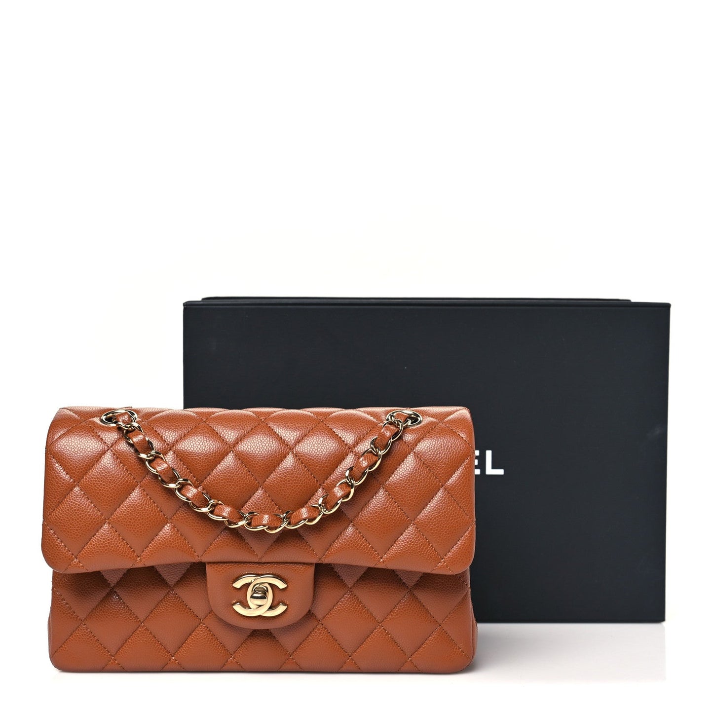 Caviar Quilted Small Double Flap Light Brown