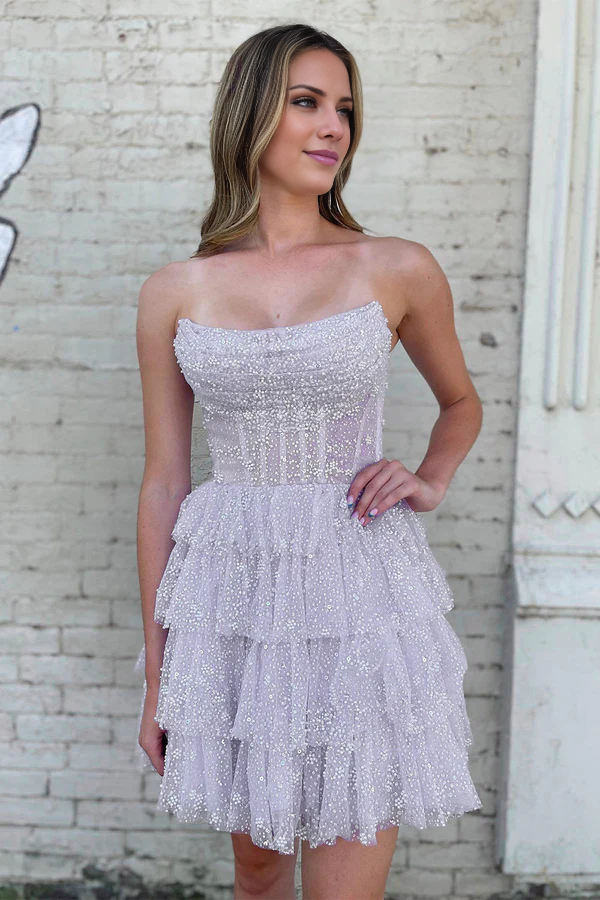 omberprom A Line Evening Dress Strapless Tiered Homecoming Dress