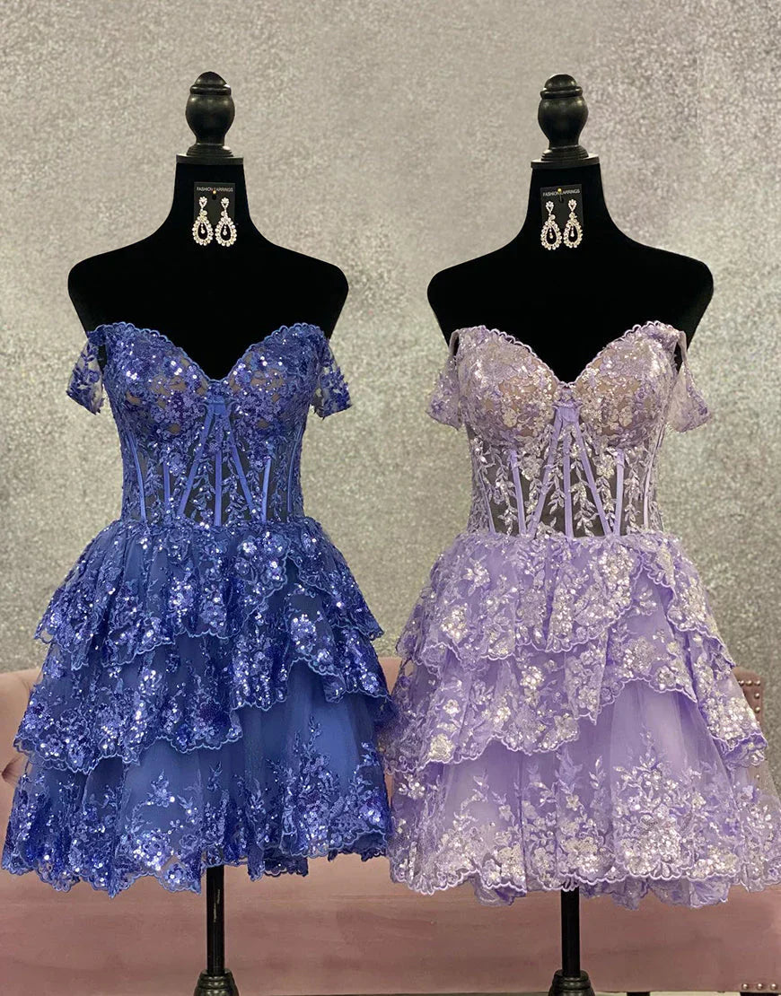 omberprom Sweetheart Short Prom Dress Party Dress Off The Shoulder A-Line Tiered Homecoming Dress Cute Graduation Dress