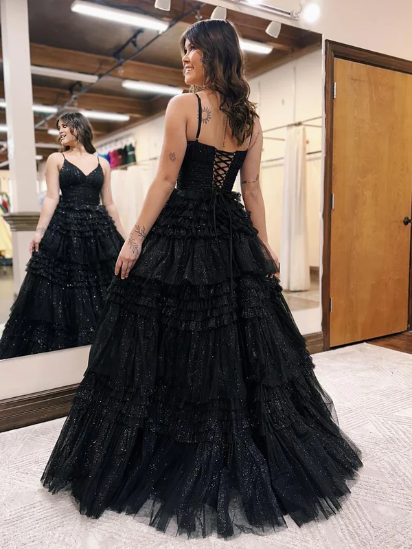 omberprom A-Line V Neck Tiered Long Tulle Prom Dress Charming Evening Party Dress