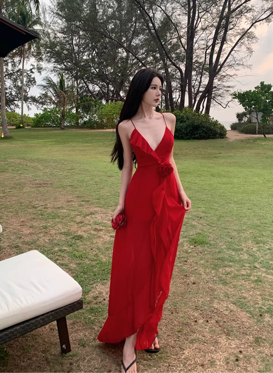 Beach photo shoot red sexy ruffled high slit halter back dress R1583