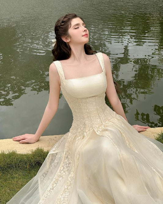 Apricot gentle sling waist slimming A-line long skirt homecoming dress R3623