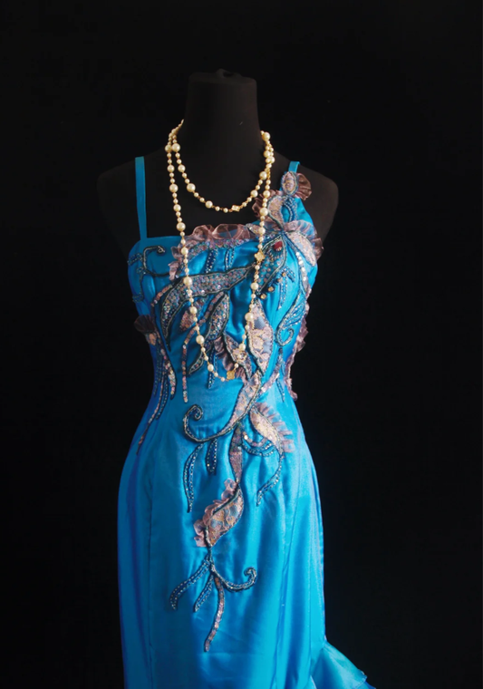 Unique Blue Green Strapless Satin Beaded Long Wedding Guest Dress Formal Birthday Party Dress Prom Gown