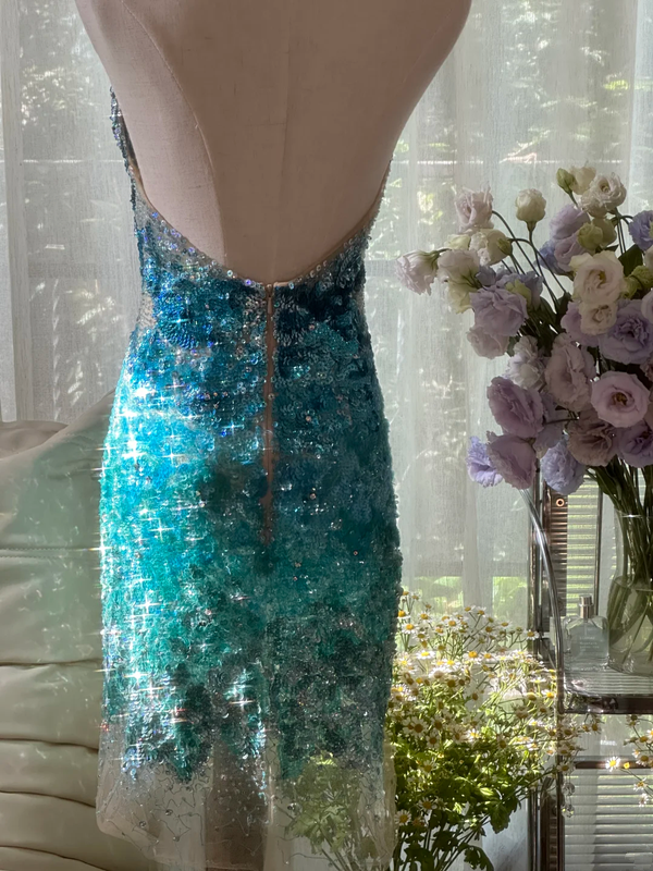 Light blue gradient sequined halter neck fitted waist bodycon short prom dress R7759