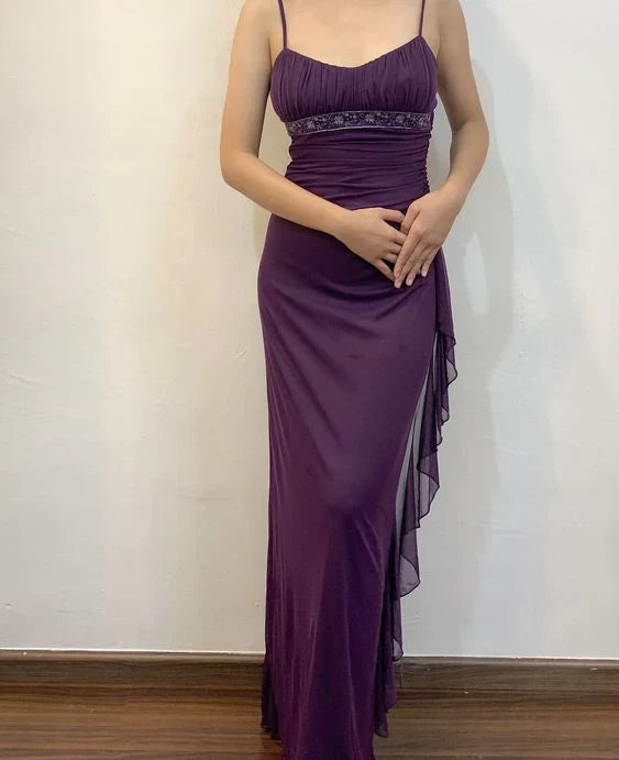 omberprom Elegant Dresses Gowns Evening Dresses Spaghetti Straps Purple Sheath Formal Party Dress Ruffle Long Prom Dress