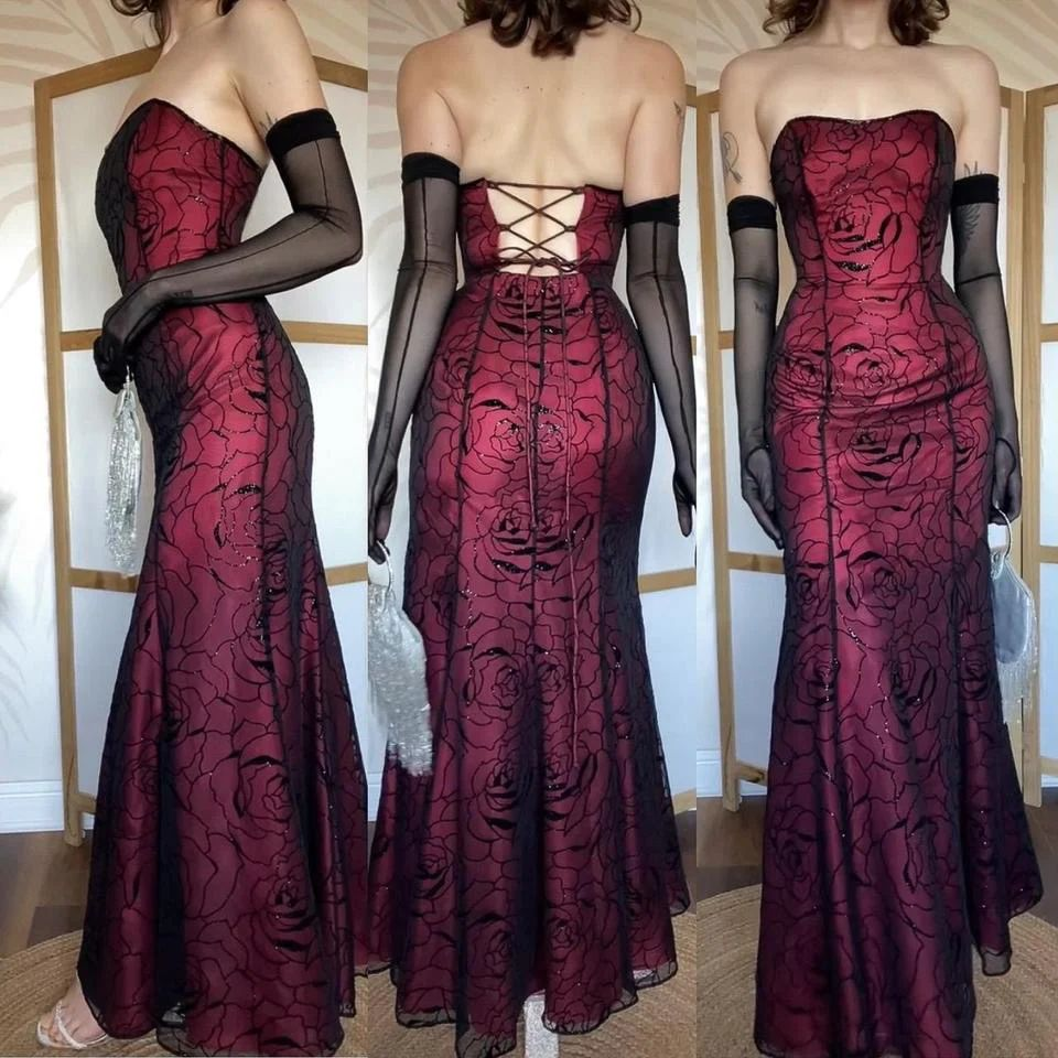 Retro Strapless Burgundy Mermaid Long Party Dress Formal Birthday Prom Gown With Gloves